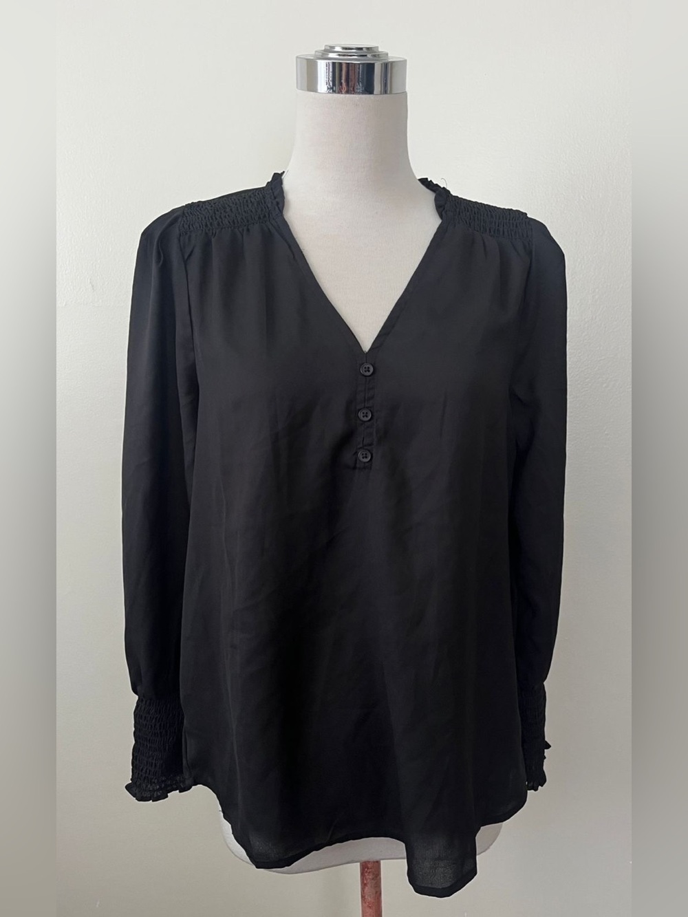 Black Tape_ Black V-Neck Smocked Cuff Blouse